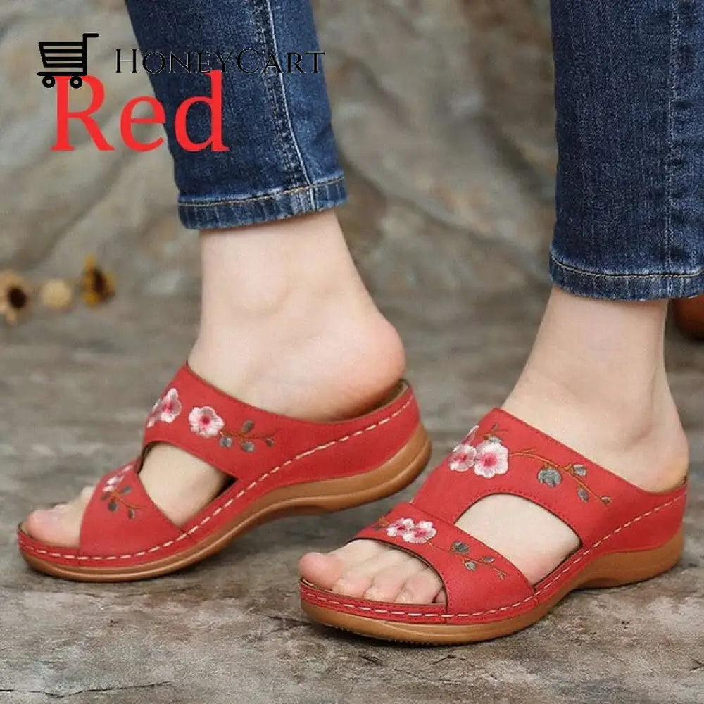 Women Casual Wedge Comfortable Flower Sandals Red / 35