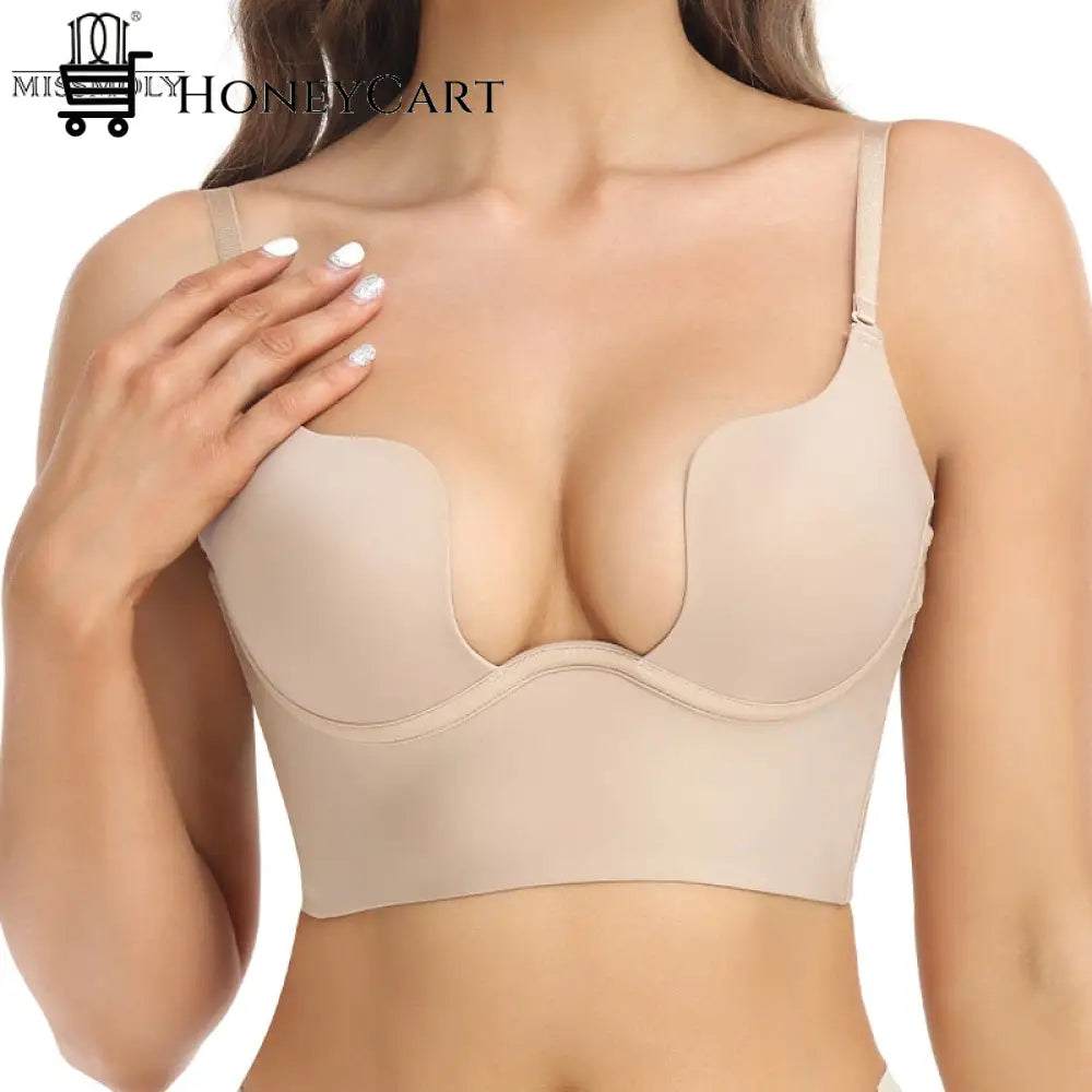 Women Deep U Neck Secret Plunge Bra Nude / 32 A