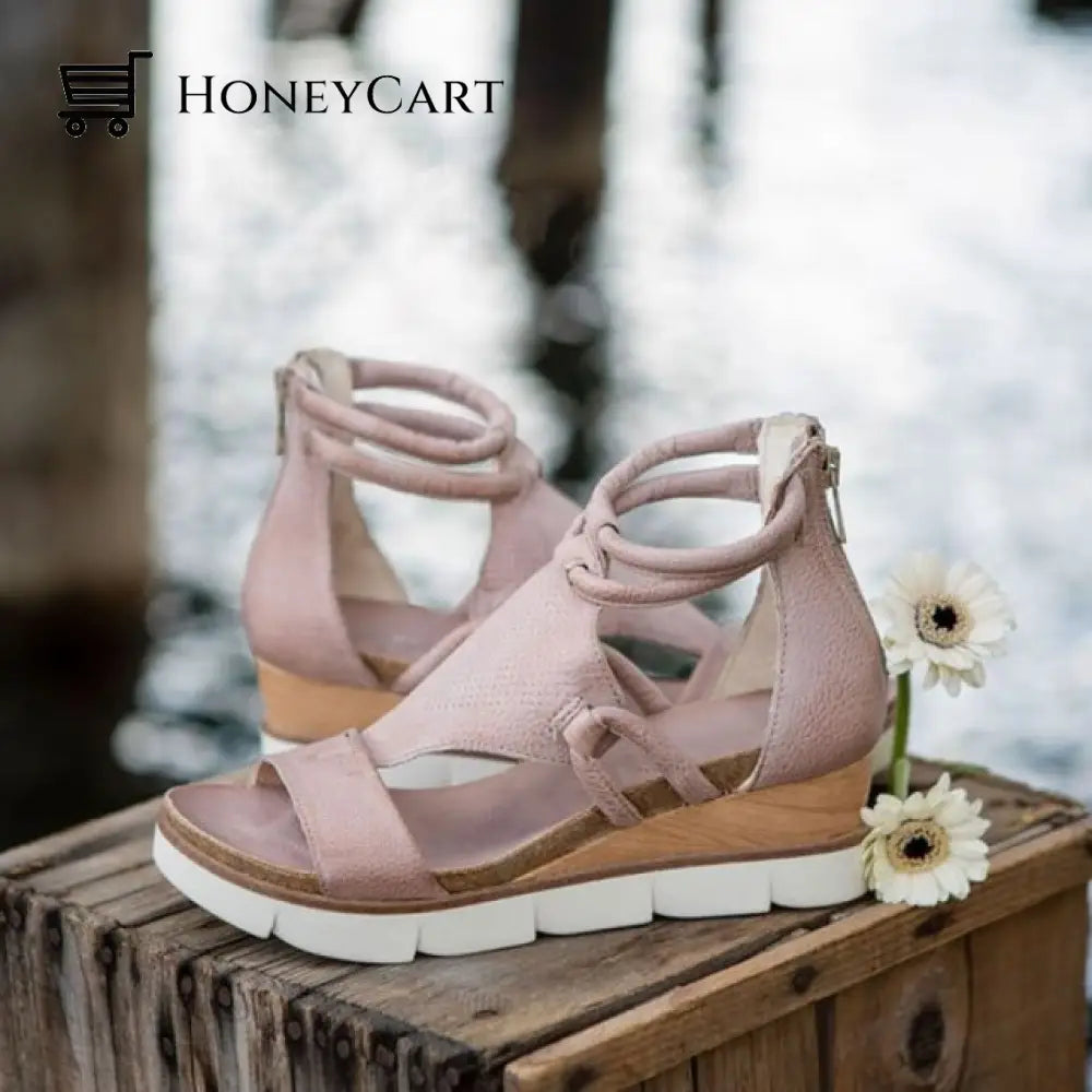 Women Fashion Back Zipper Wedge Open Toe Sandals Pink / 5.5 Platform