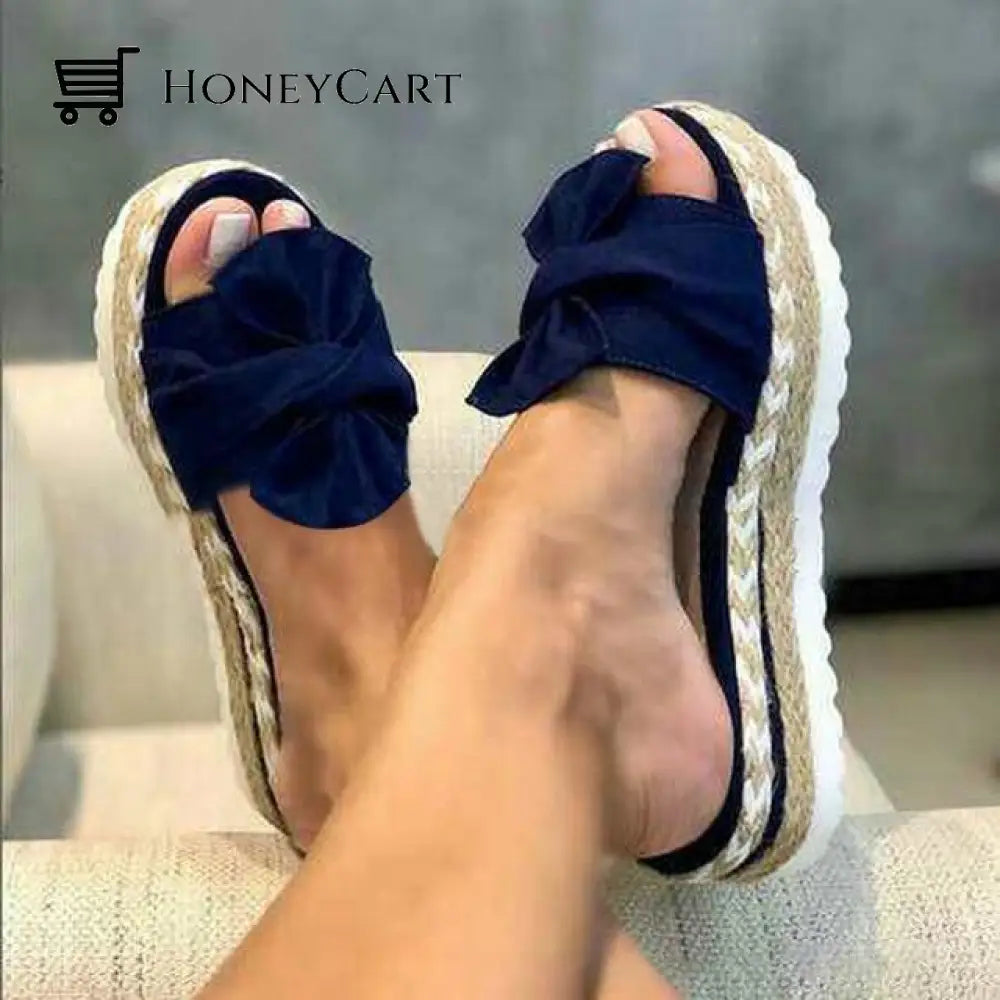 Women Open Toe Sandals Casual Style With Bowknot Ornament Blue / 5.5