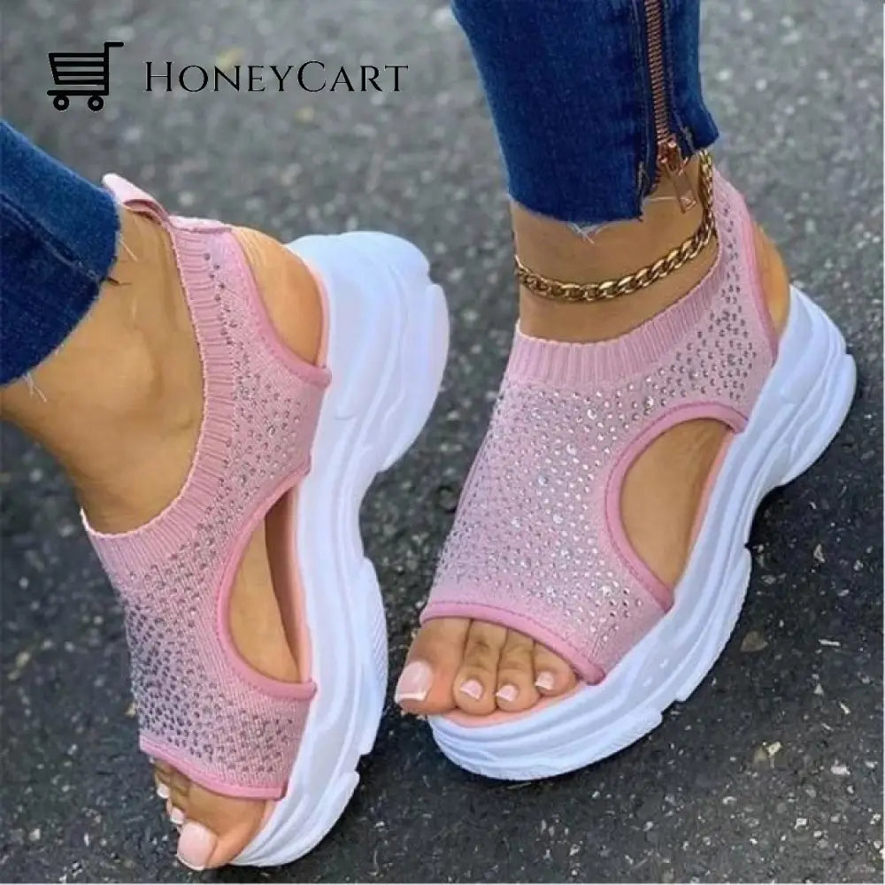 Women Slip On Stretch Fabric Platform Beaded Sandals Pink / 5 Wedge Platform Sandals