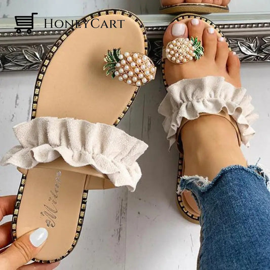 Women Slipper Pineapple Pearl Bohemian Flat Toe Beige / 5 Sandals