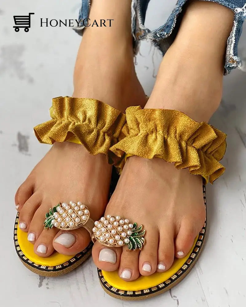 Women Slipper Pineapple Pearl Bohemian Flat Toe Sandals