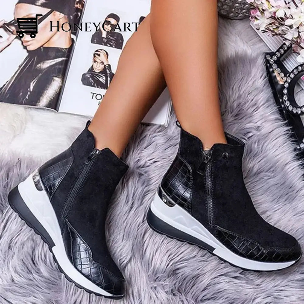 Women Sneakers Autumn High Top Vulcanize Platform Wedges Shoes Zipper Black / 5 Orthopedic & Sandals