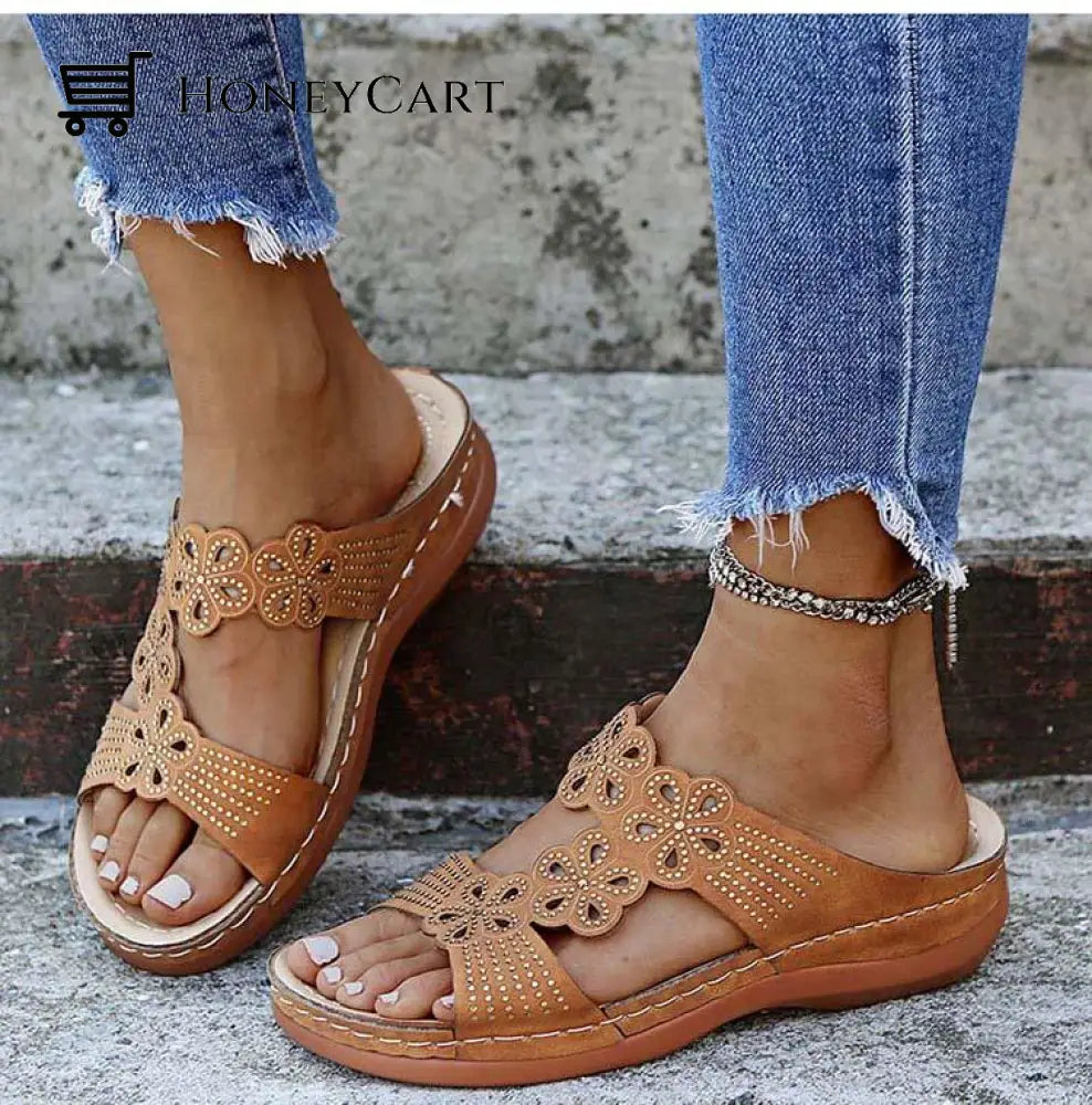 Women Stylish Soft Open Toe Floral Strap Sandals Brown / 5.5 Orthopedic Bunion Sandals