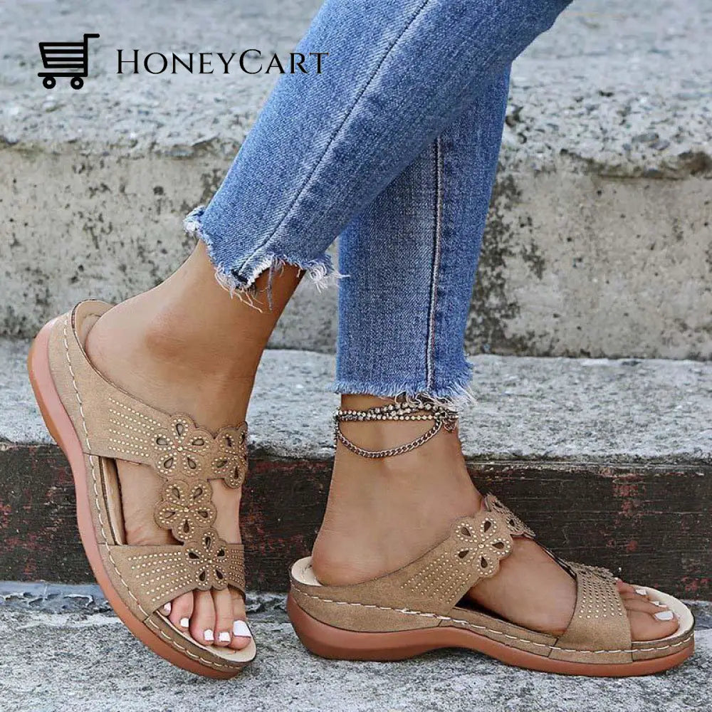 Women Stylish Soft Open Toe Floral Strap Sandals Khaki / 5.5 Orthopedic Bunion Sandals