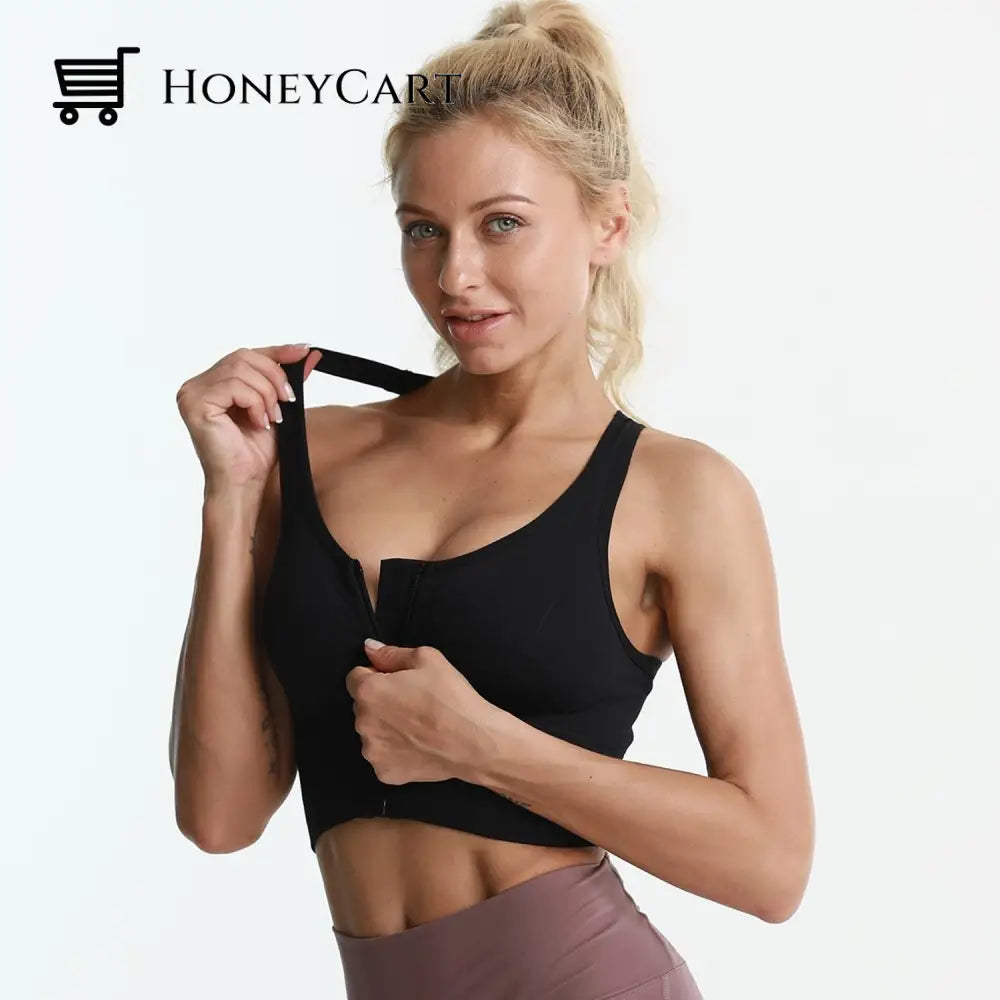 Women Yoga Front Zipper Compression Athletic Sports Bra Black / S Sports Bra