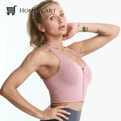 Women Yoga Front Zipper Compression Athletic Sports Bra Pink / S Sports Bra