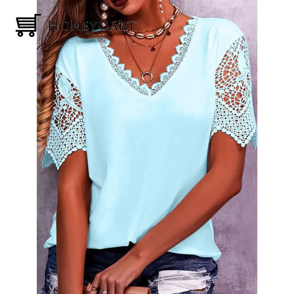 Womens Lace Patchwork Loose V Neck Short Sleeve Tshirt Blue / S Tool