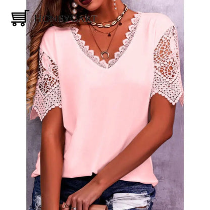 Womens Lace Patchwork Loose V Neck Short Sleeve Tshirt Pink / S Tool