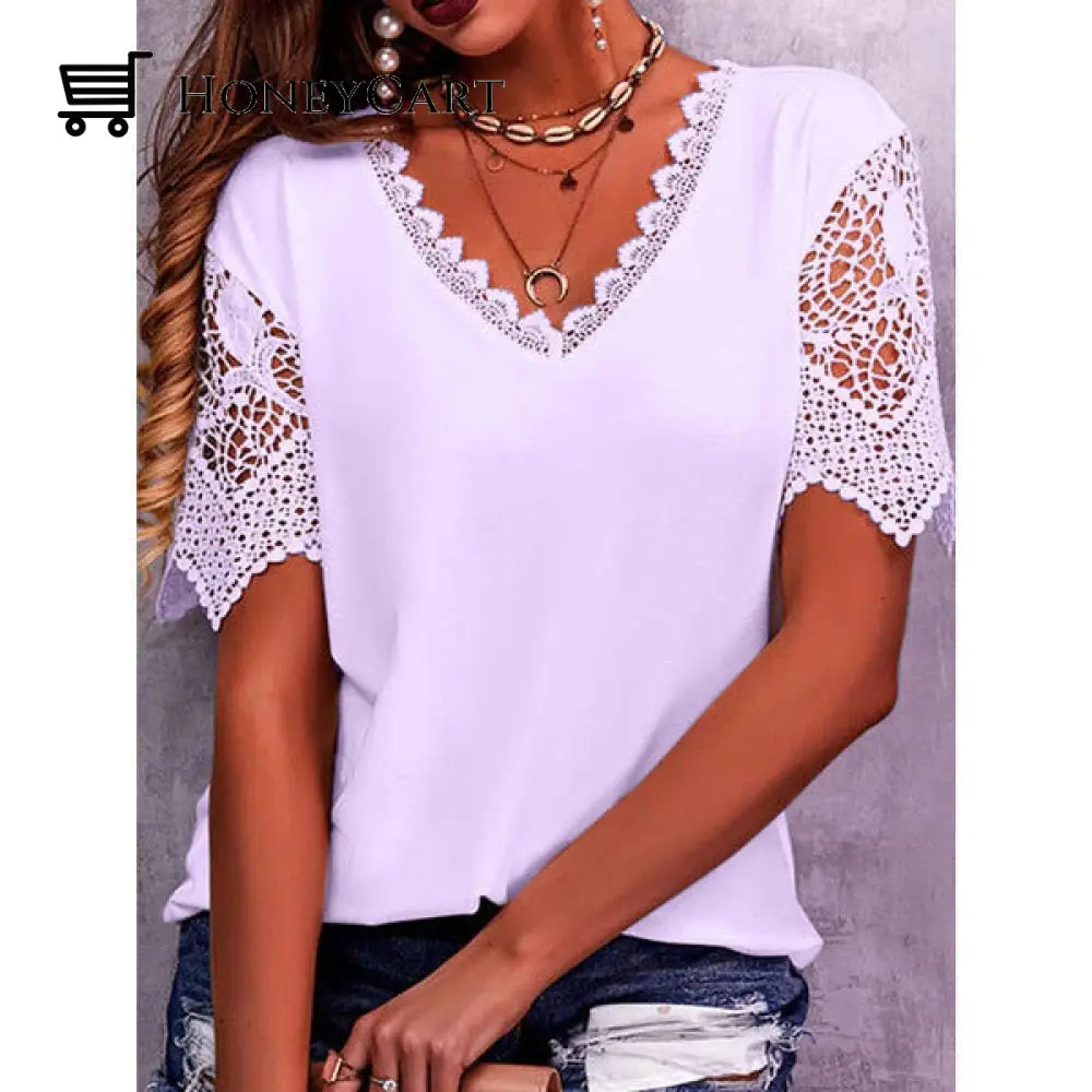 Womens Lace Patchwork Loose V Neck Short Sleeve Tshirt Purple / S Tool