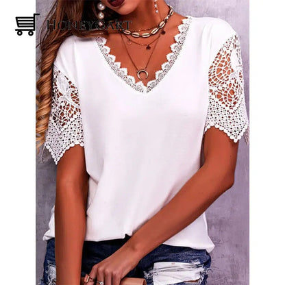 Womens Lace Patchwork Loose V Neck Short Sleeve Tshirt White / S Tool