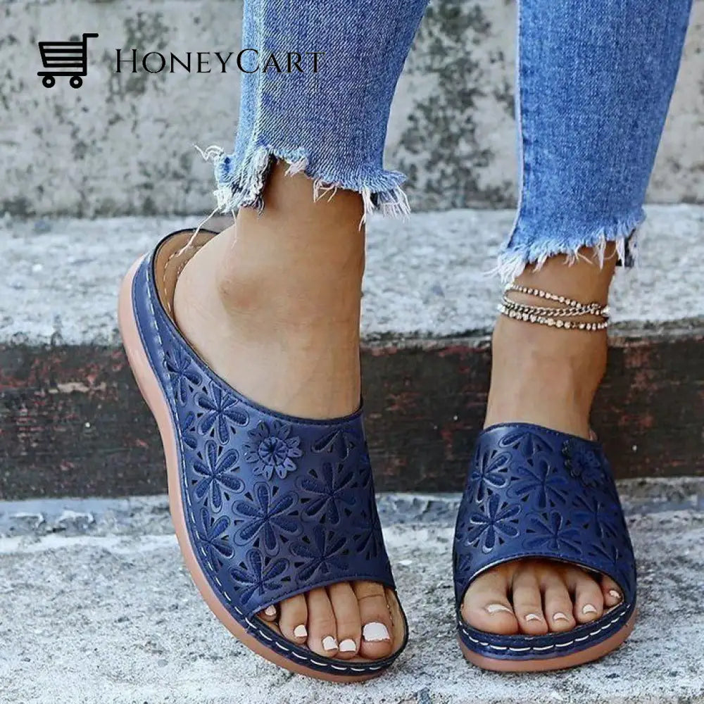 Womens Leather Soft Orthopedic Posture Arch-Support Walking Comfort Stiching Cross Sandals Blue / Us