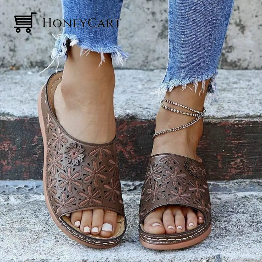 Womens Leather Soft Orthopedic Posture Arch-Support Walking Comfort Stiching Cross Sandals Brown /