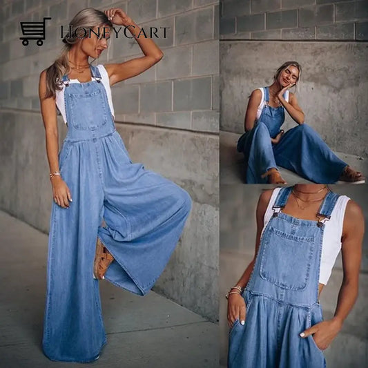 Womens Loose Adjustable Strap Wide Leg Denim Tool