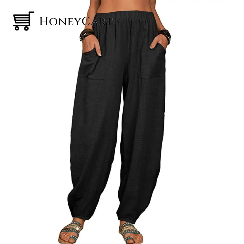 Womens Loose Cotton And Linen Casual Pants Black / S