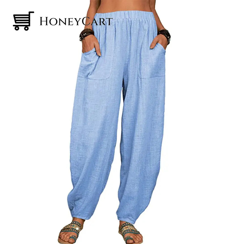 Womens Loose Cotton And Linen Casual Pants Blue / S