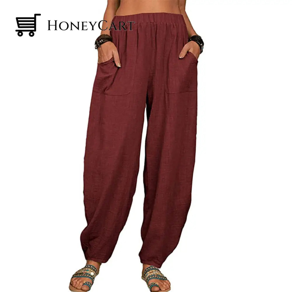 Womens Loose Cotton And Linen Casual Pants Burgundy / S