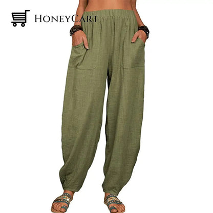 Womens Loose Cotton And Linen Casual Pants Green / S