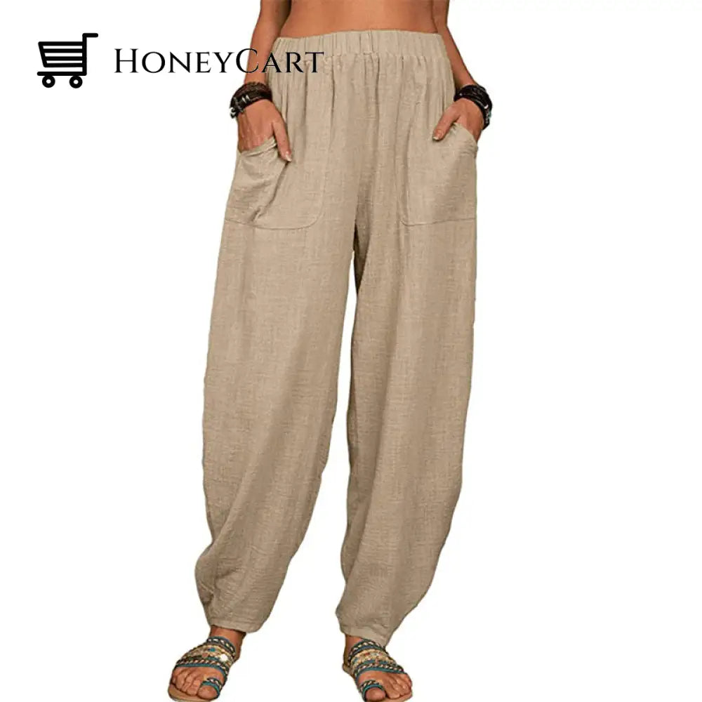 Womens Loose Cotton And Linen Casual Pants Khaki / S