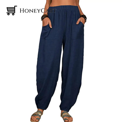 Womens Loose Cotton And Linen Casual Pants Navy Blue / S