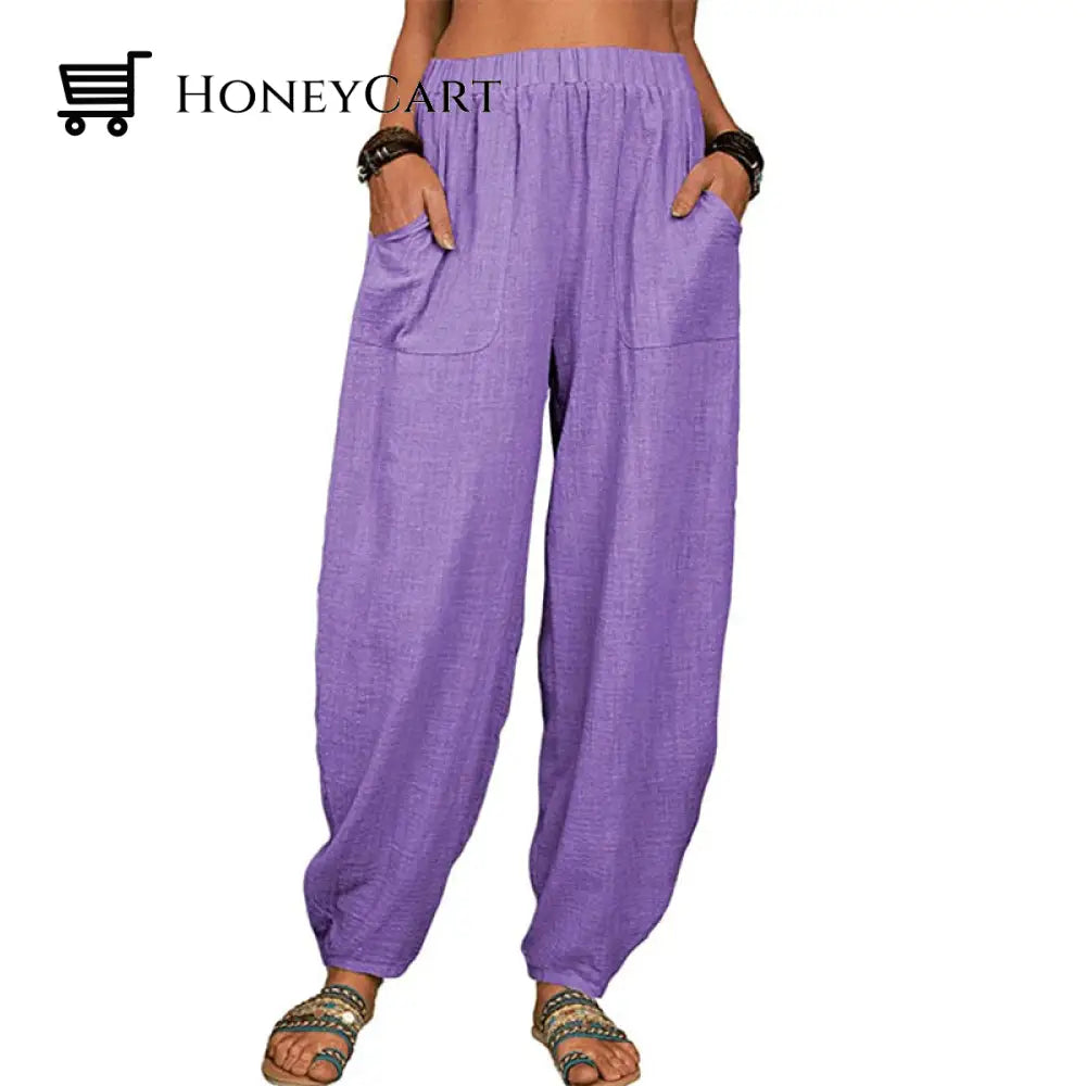 Womens Loose Cotton And Linen Casual Pants Purple / S