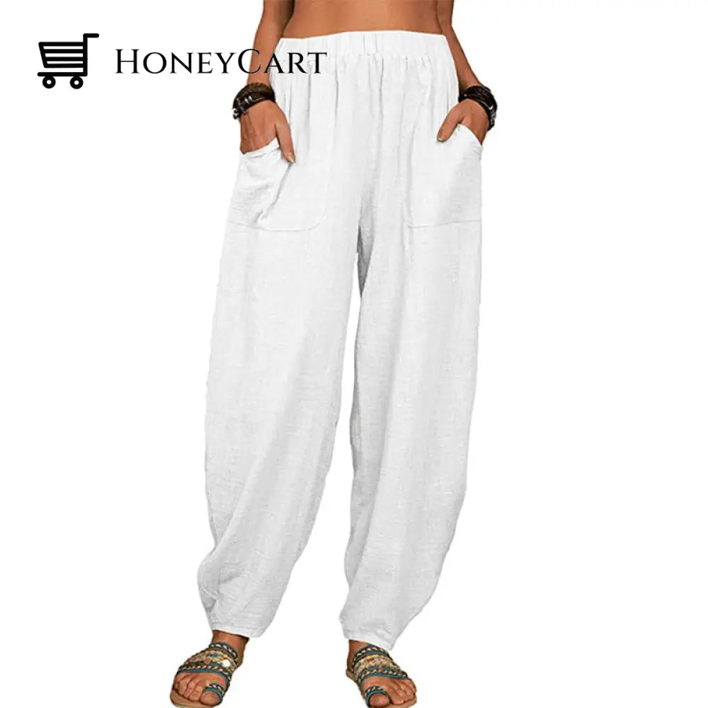 Womens Loose Cotton And Linen Casual Pants White / S