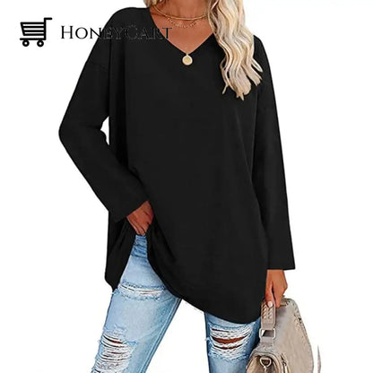 Womens Loose Long Sleeve Fashion V Neck Knit Top Black / S Tool