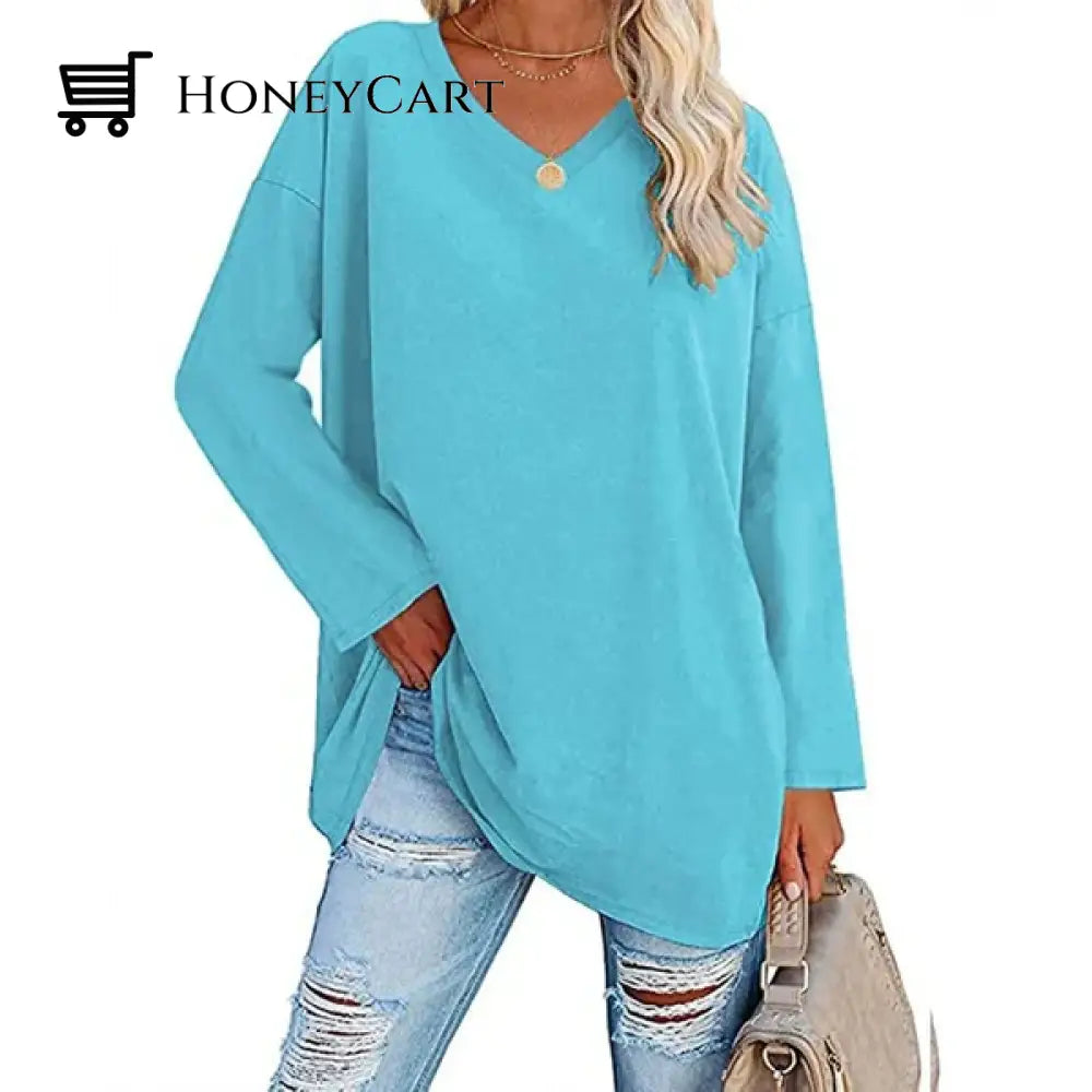 Womens Loose Long Sleeve Fashion V Neck Knit Top Blue / S Tool