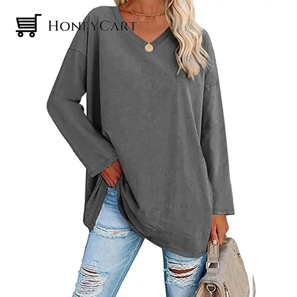 Womens Loose Long Sleeve Fashion V Neck Knit Top Dark Gray / S Tool