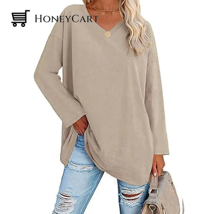 Womens Loose Long Sleeve Fashion V Neck Knit Top Khaki / S Tool