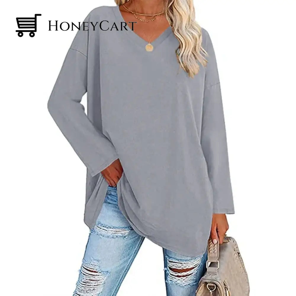 Womens Loose Long Sleeve Fashion V Neck Knit Top Light Gray / S Tool