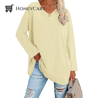 Womens Loose Long Sleeve Fashion V Neck Knit Top Light Yellow / S Tool