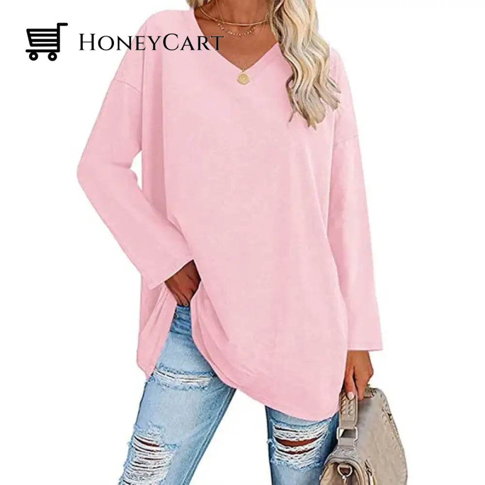 Womens Loose Long Sleeve Fashion V Neck Knit Top Pink / S Tool