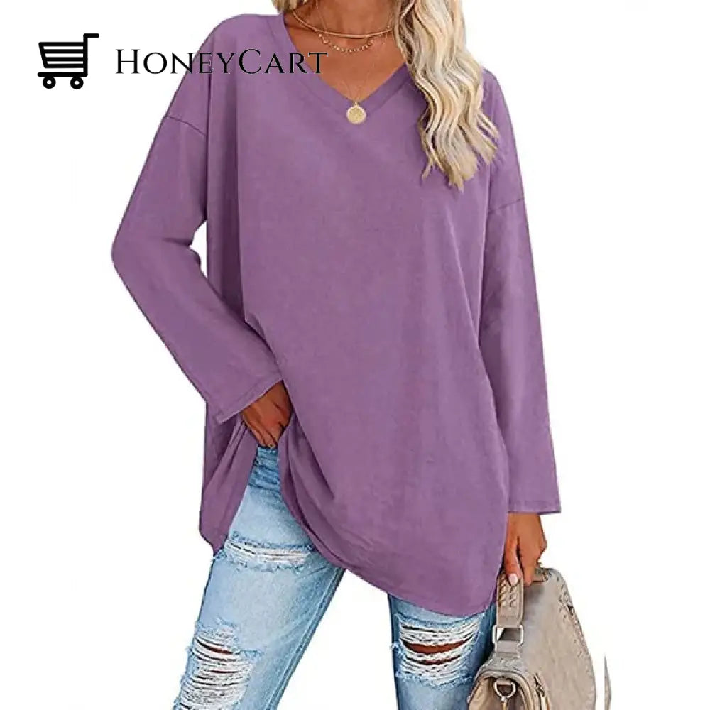 Womens Loose Long Sleeve Fashion V Neck Knit Top Purple / S Tool