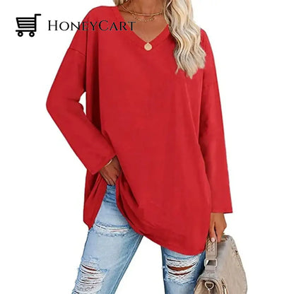 Womens Loose Long Sleeve Fashion V Neck Knit Top Red / S Tool