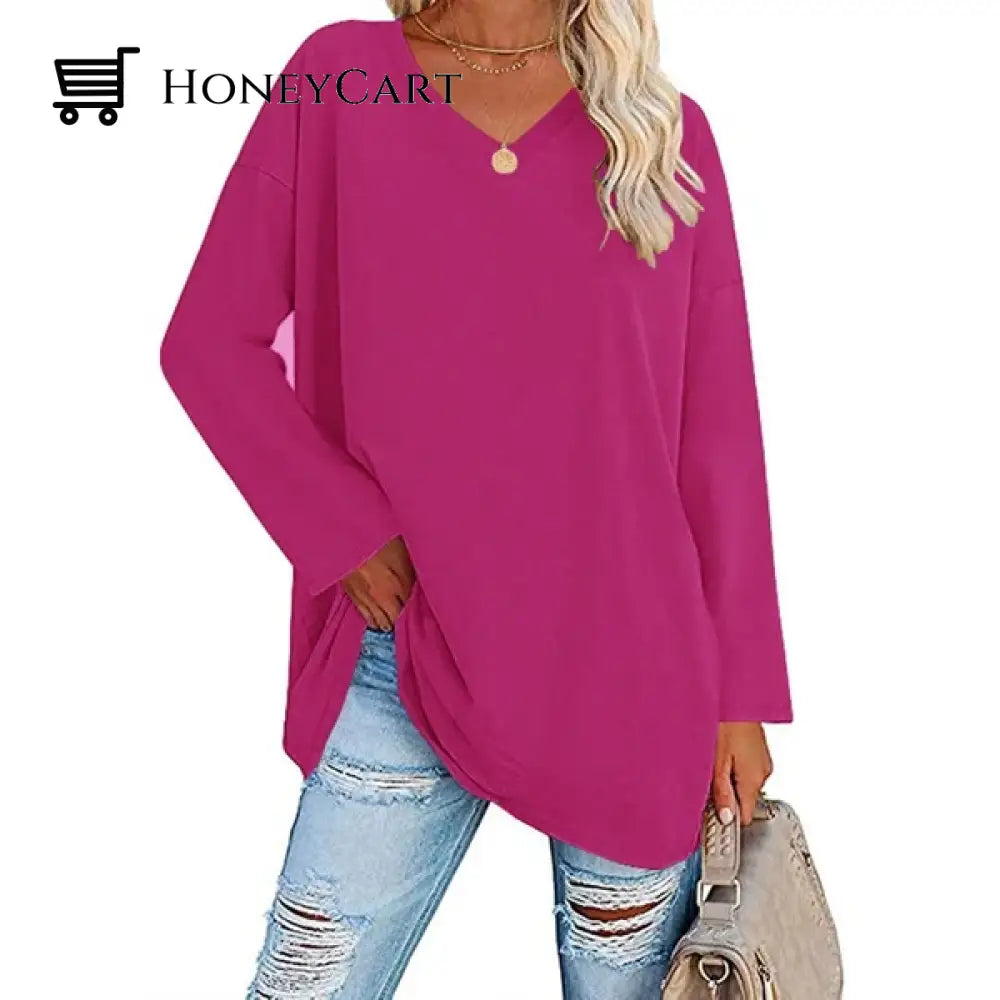 Womens Loose Long Sleeve Fashion V Neck Knit Top Rose Red / S Tool