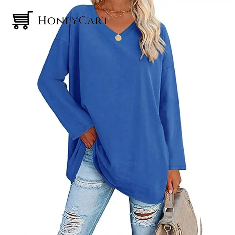 Womens Loose Long Sleeve Fashion V Neck Knit Top Royal Blue / S Tool