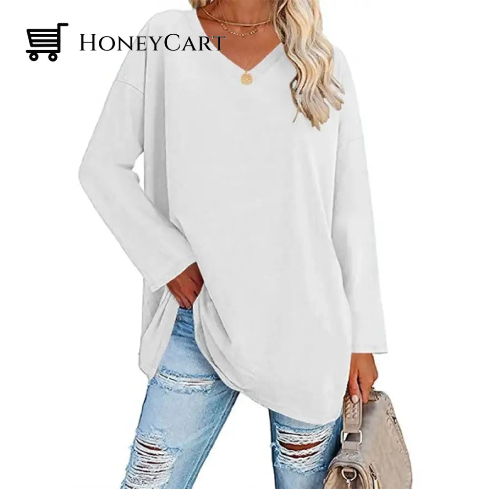 Womens Loose Long Sleeve Fashion V Neck Knit Top White / S Tool