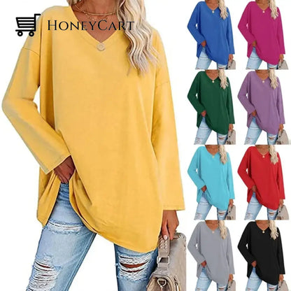 Womens Loose Long Sleeve Fashion V Neck Knit Top Yellow / S Tool