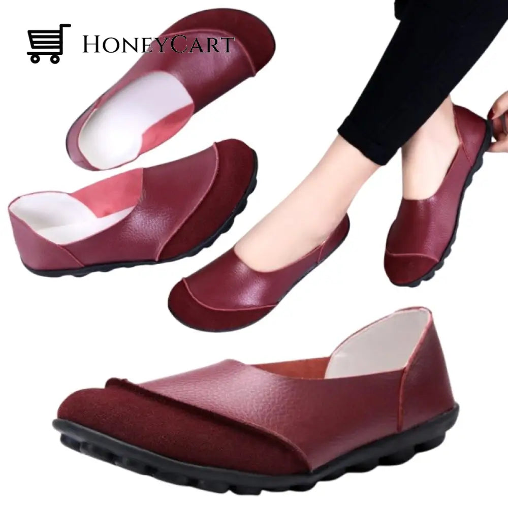 Womens Moccasins Soft Leather Flats For Bunions Wine Red / 5.5 Womans