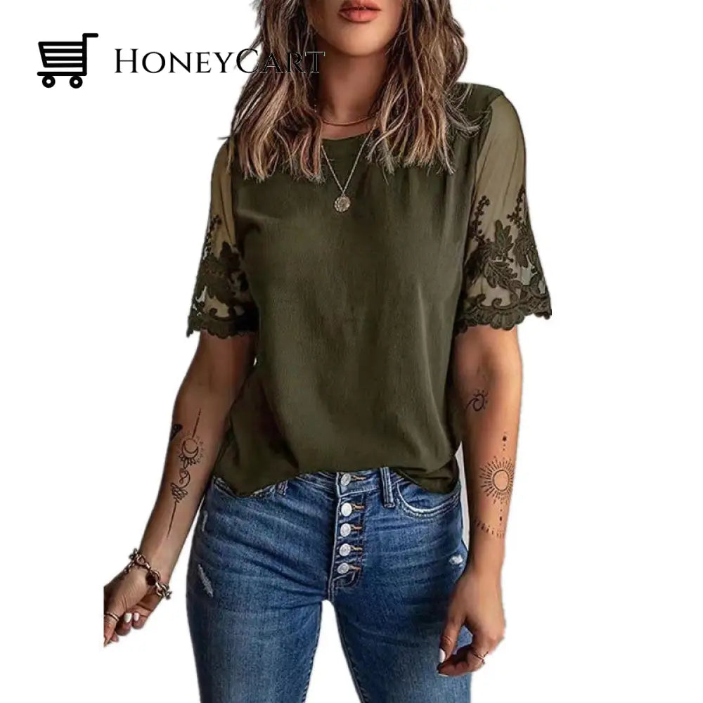 Womens Round Neck Short Sleeve Lace T-Shirt Army Green / S T-Shirts