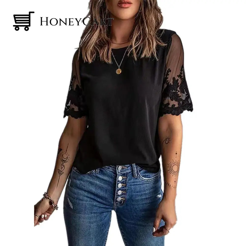 Womens Round Neck Short Sleeve Lace T-Shirt Black / S T-Shirts