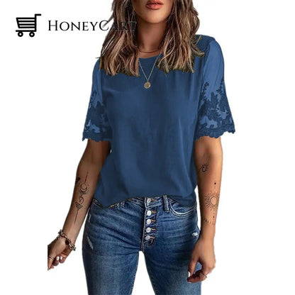 Womens Round Neck Short Sleeve Lace T-Shirt Blue / S T-Shirts