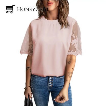 Womens Round Neck Short Sleeve Lace T-Shirt Pink / S T-Shirts