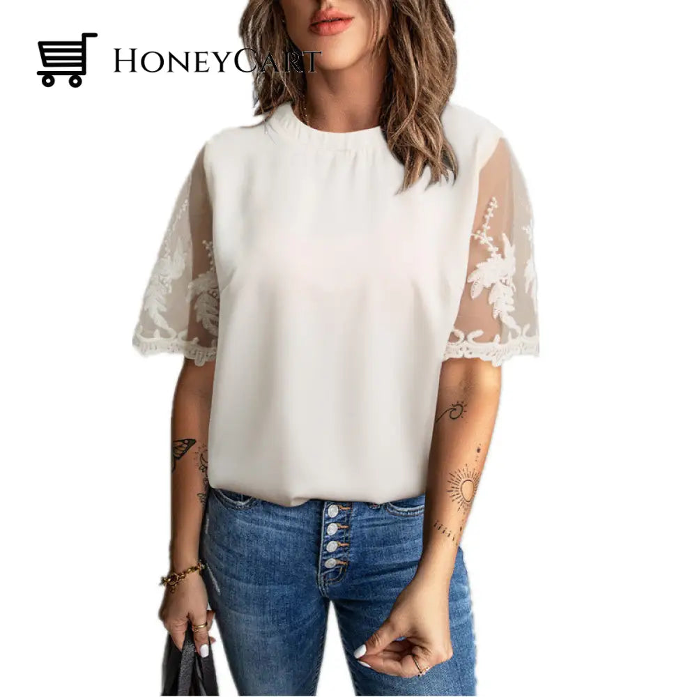 Womens Round Neck Short Sleeve Lace T-Shirt White / S T-Shirts