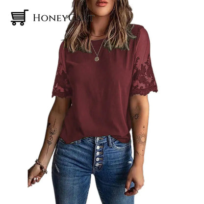 Womens Round Neck Short Sleeve Lace T-Shirt Wine Red / S T-Shirts