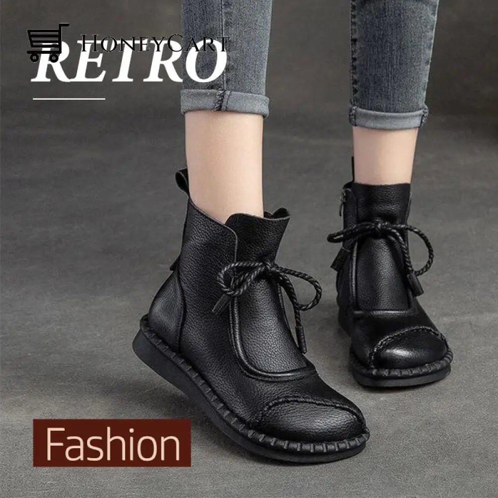 Womens Vintage Hand-Stitched Low Heel Round Toe Boots