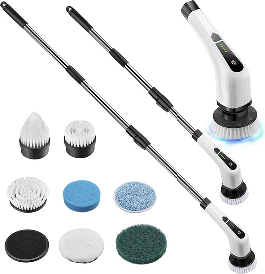 Electric Spin Power Scrubber Cordless Cleaning Brush Long Handle 7 Heads